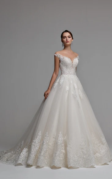 Princess Ball Gown V-neck Tulle Bridal Gown with Appliques