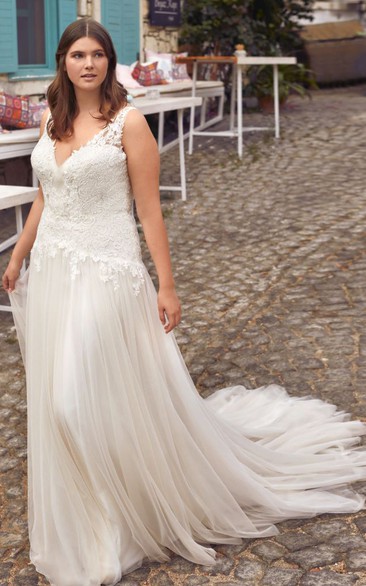 Modern Lace Sleeveless Court Train A Line V-neck Wedding Dress with Appliques