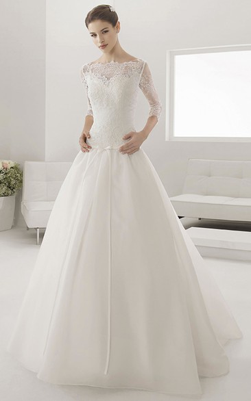 Illusion Bateau Drop Waist Ball Gown With Sash And 3-4 Sleeves