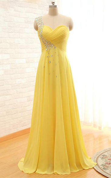 Elegant One-shoulder Sleeveless Chiffon Prom Dress With Crystals