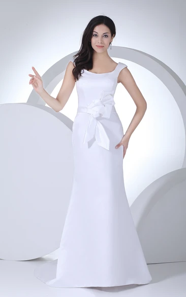 Caped-Sleeve Square-Neck Satin Dress With Bow and Brush Train