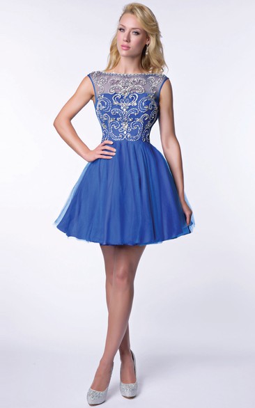 Tulle A-Line Beaded Bodice Homecoming Dress With Deep V-Back