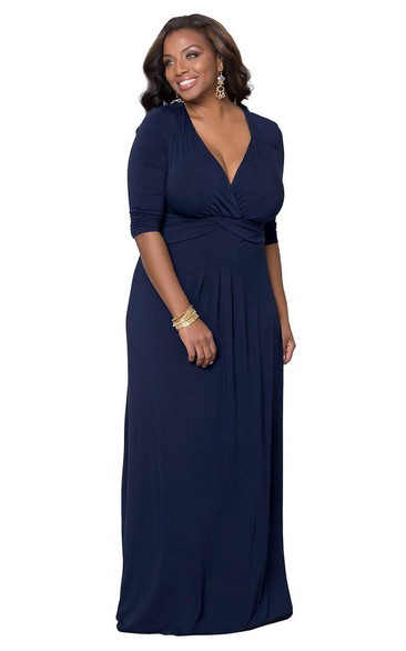 Plunging Neckline Long Jersey Dress With Long Sleeves