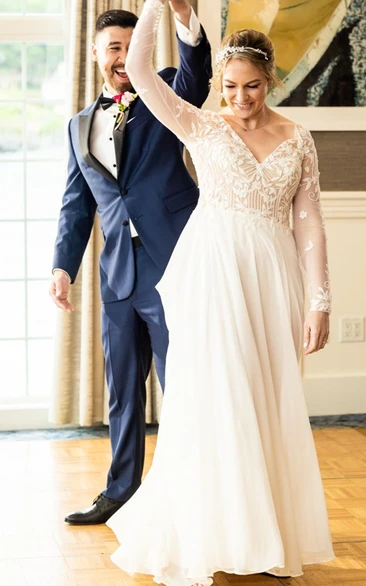 Elegant A-Line V-neck Sweep Train Long Sleeve Chiffon Wedding Dress