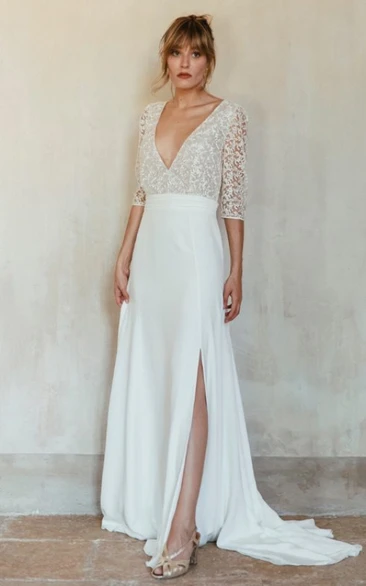 A-Line Lace  V-neck Chiffon Wedding Dress With Button Back And Half Sleeve