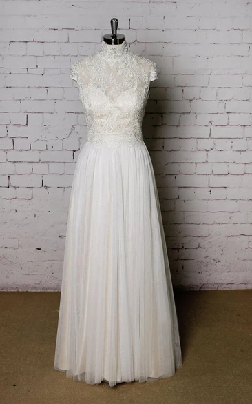 High Collor Tulle Skirt Lace Top Wedding Dress With Champagne Underlay