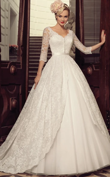 Romantic Ball Gown Floor-length Half Sleeve Lace Scalloped Wedding Dress with Ruching