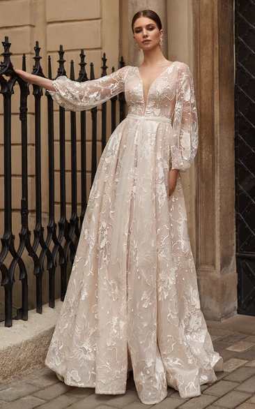 Ethereal Floral Boho Long Sleeve Wedding Dress Sexy Sheer Illusion Western Modern A-Line Plunging Sweep Train Party Prom Gown