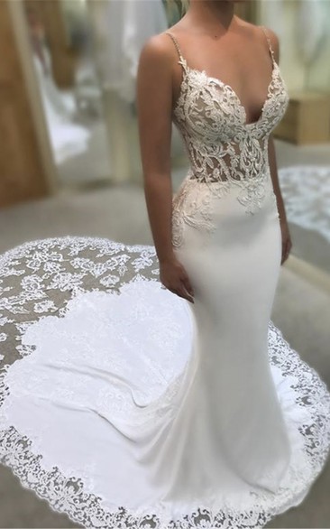 Sexy Lace Mermaid Plunging Spaghetti Wedding Dress With Cathedral Train