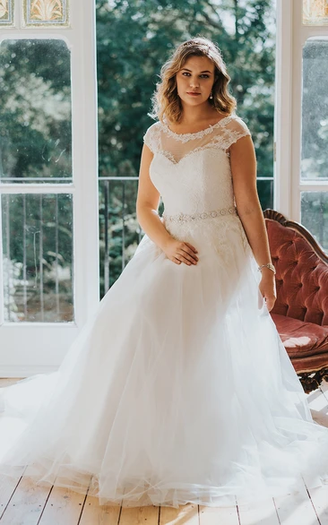 A-Line Long Scoop Neck Short Sleeve Tulle Brush Train Low-V Back