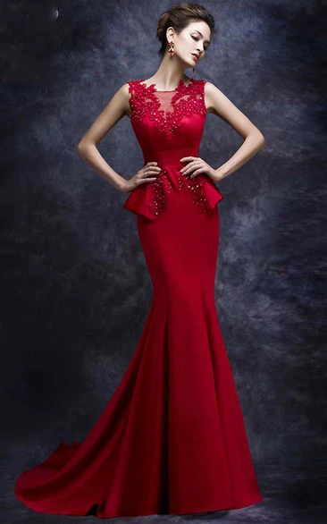 Sleeveless Peplum Mermaid Satin Gown With Lace Detailing 
