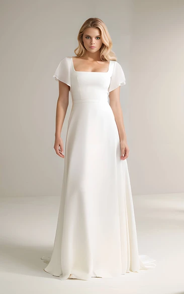Modest A-Line Square Neckline Floor-Length Adorable Minimalist Short Bell Sleeves Wedding Dress