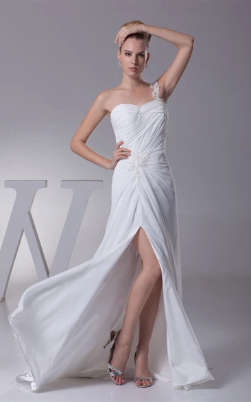 Sweetheart Ruched Front-Split Dress with Beading and Single Strap