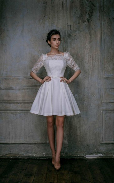 Mini Knee-Length Lace Taffeta Weddig Dress