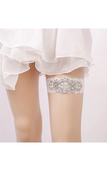 White Sexy Lace Rhinestone Princess Style Handmade Garter Grip Within 16-23inch