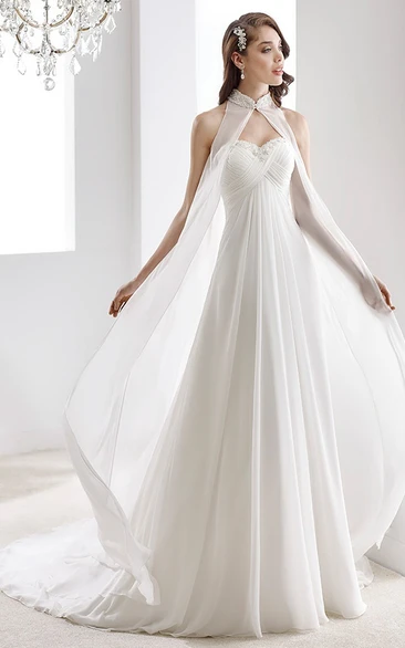 High-Neck Sweetheart Draping Chiffon Wedding Dress With Crisscross Bust And Beaded Details