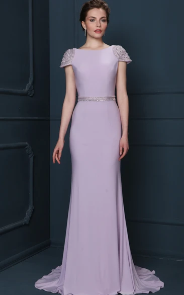 Sheath Beaded Floor-Length Jewel-Neck Cap-Sleeve Jersey Evening Dress With Waist Jewellery