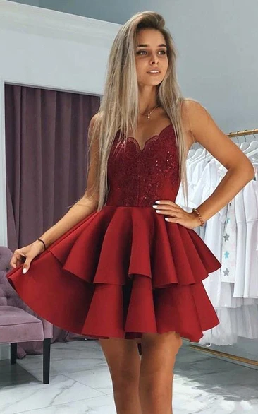 Sexy A Line Satin Spaghetti V-neck Sleeveless with Lace and Tiers Homecoming Dress