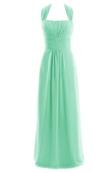 Halter Drapped Chiffon A-line Gown With Ruched Band