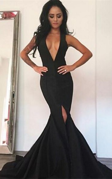 Sexy Black Deep V-Neck Prom Dress Mermaid Front Split
