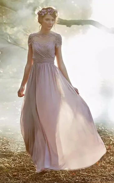 A-line Jewel Cap Short Sleeve Floor-length Chiffon Bridesmaid Dress with Appliques and Ruching