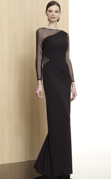 Sheath Jewel Neck Beaded Illusion Sleeve Chiffon Formal Dress