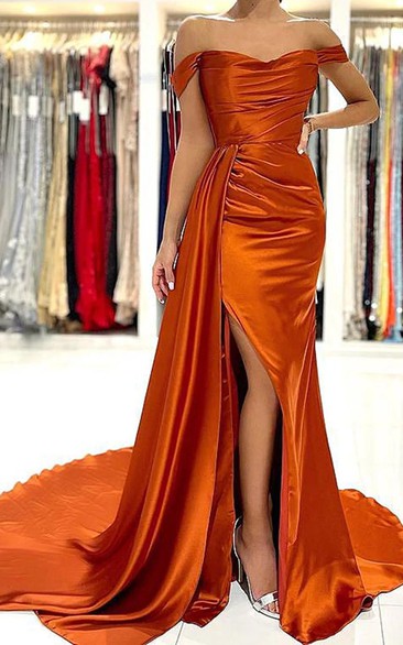 Simple A Line Satin Brush Train Sleeveless Formal Dress with Split Front