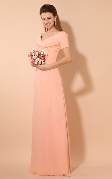 Chiffon Plunged Maxi V-Neck Short-Sleeve Dress With Pleating