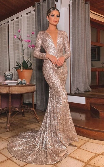 Sequins Mermaid Plunging Neckline Beach Evening Dress Simple Casual Elegant Adorable With Open Back And Long Sleeves