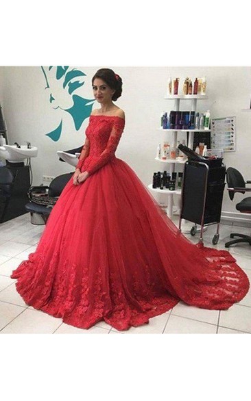 Ball Gown Off-the-shoulder Long Sleeves Lace Tulle Sweep Brush Train Dress