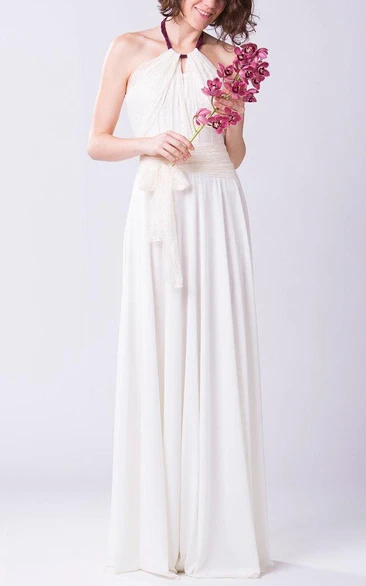 Halter Lace and Jersey Floor-length Bridesmaid Dress