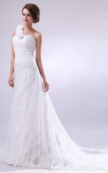 Front Gathering Gown With Single Floral Strap And Soft Tulle