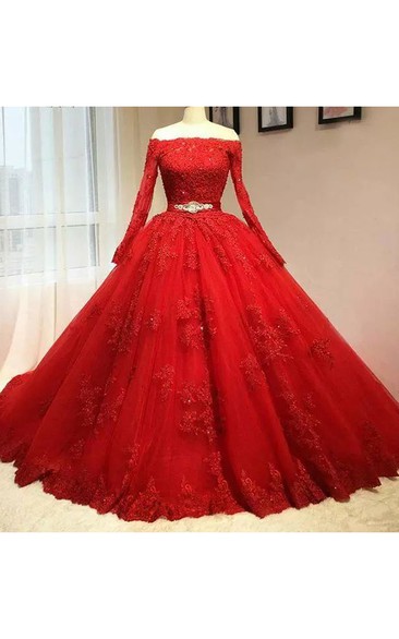 Ball Gown Off-the-shoulder Illusion Long Sleeve Floor-length Lace Tulle Prom Dress with Appliques