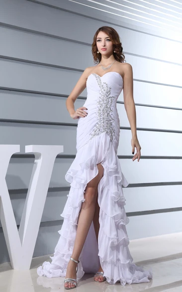 Fairy Sweetheart Chiffon Ruched Dress With Beading and Front Slit