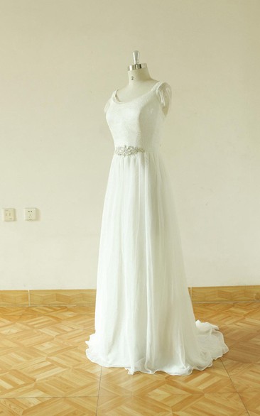 Jewel Cap Backless Long Chiffon Wedding Dress With Crystal Detailing