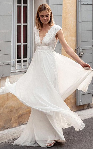Ethereal Chiffon Lace V-neck A Line Short Sleeve Wedding Dress with Low-V Back