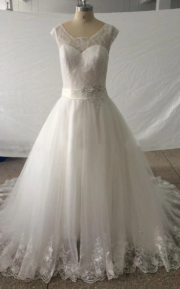 Square Cap Long Tulle Wedding Dress With Sash And Crystal Detailing