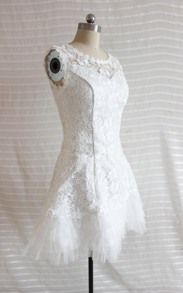A-Line Short Tulle Lace Satin Weddig Dress
