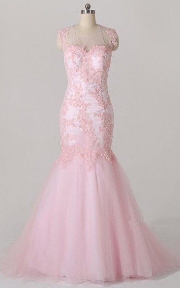 Trumpet Scoop Tulle Dress With Appliques And Illusion Back