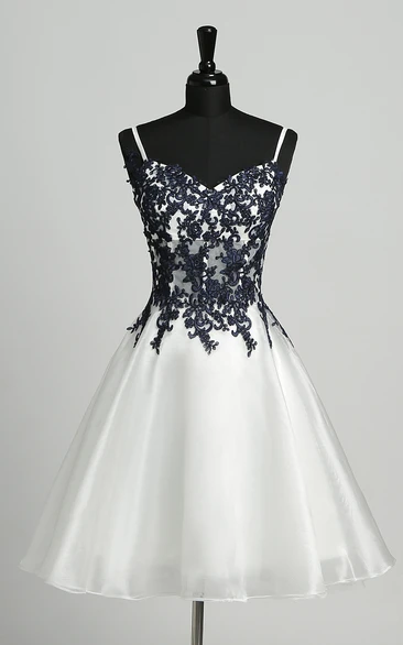 A-Line Straps Organza Elegant Romantic Short Mini Sleeveless Straps Dress with Appliques