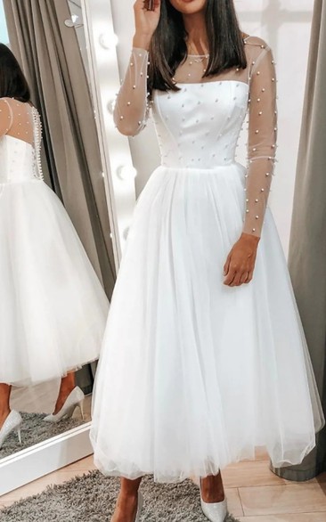 Modest A Line Tea-length Tulle Bateau Long Sleeve Wedding Dress