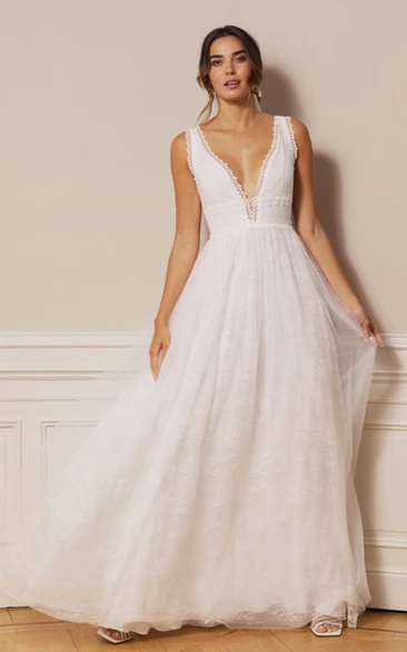Bohemian Lace Tulle Plunging Neckline A Line Floor-length Deep-V Back Wedding Dress