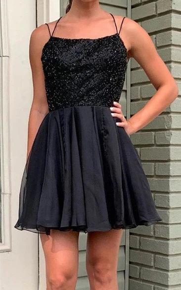 Sexy A Line Chiffon Sequins Short Homecoming Dress With Cross Back And Ruffles