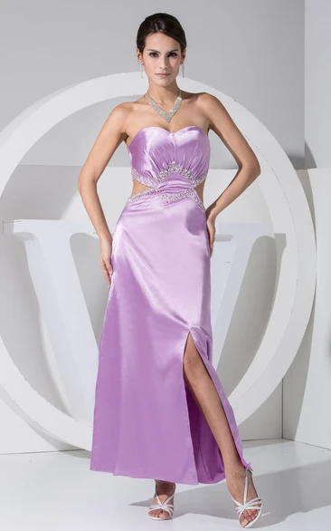 Strapless Front-Split Ankle-Length Dress With Beading and Keyhole