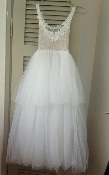 Sleeveless Low-v Neck Tulle&Lace Dress With Flower