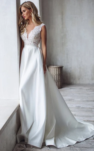Romantic A Line Satin Lace V-neck Sleeveless Wedding Dress with Ruffles