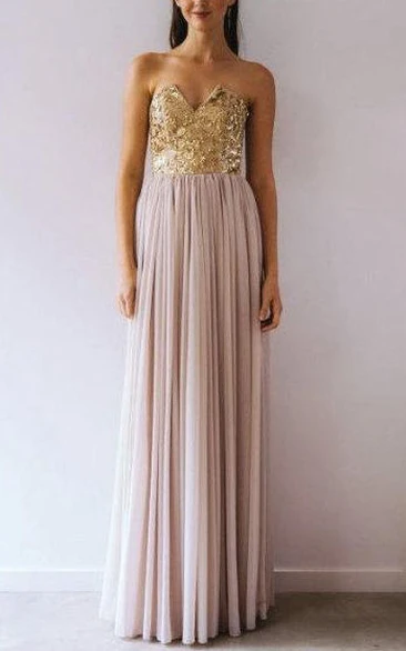 Strapless Notched Floor-Length Dress With Pleats And Sequins