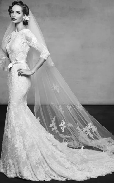 Floor-Length High Neck 3-4-Sleeve Appliqued Lace Wedding Dress With Court Train