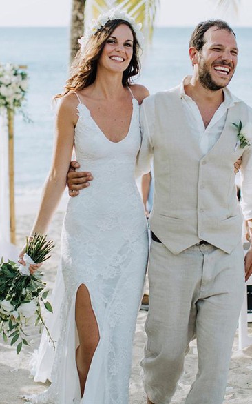 Sheath V-neck Lace Floor-length Sweep Train Sleeveless Wedding Dress with Split Front
