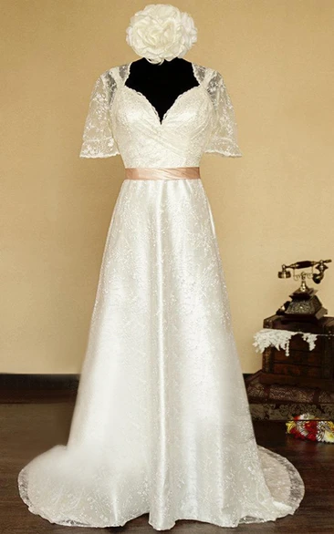 V-Neck Illusion Back Long Satin Wedding Dress With Sash And Flower